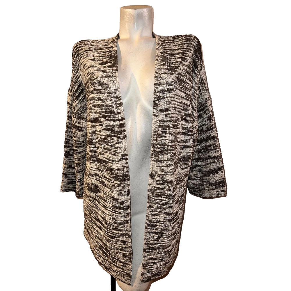 Pure Jill Marled Open Front Cardigan Sweater Knit Tunic Women Medium Brown Cream